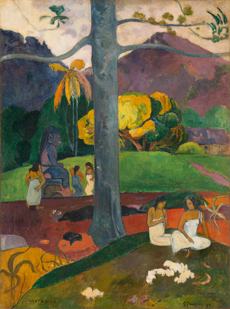 Mata Mua, de Paul Gauguin: paisagem pós-impressionista com cores separadas e exageradas de propósito